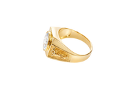 14KT Gold Ring Men's Hexagon Head with Oval White CZ Center Stone Jesus on the Cross on Band