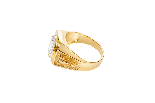 14KT Gold Ring Men's Hexagon Head with Oval White CZ Center Stone Jesus on the Cross on Band