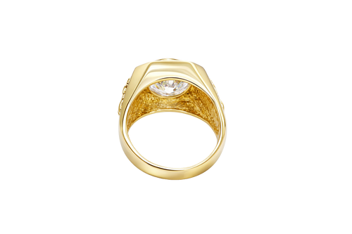 14KT Gold Ring Men's Hexagon Head with Oval White CZ Center Stone Jesus on the Cross on Band