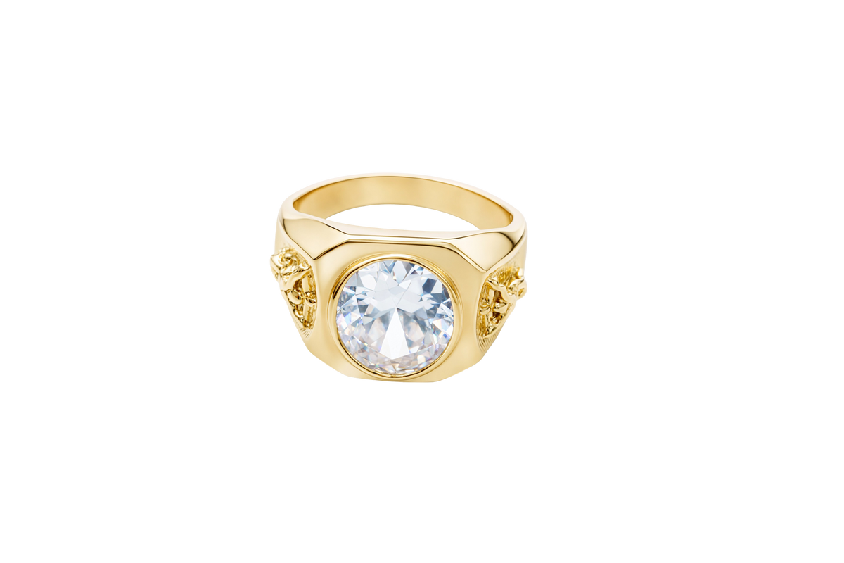 14KT Gold Ring Men's Hexagon Head with Oval White CZ Center Stone Jesus on the Cross on Band