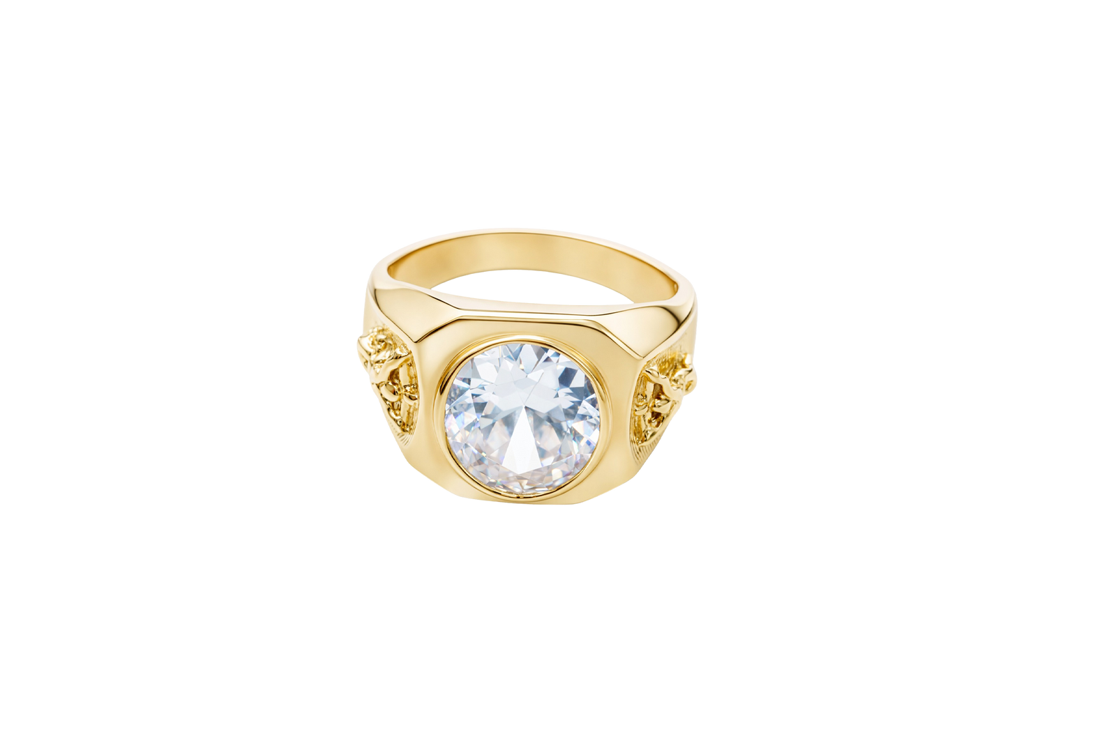 14KT Gold Ring Men's Hexagon Head with Oval White CZ Center Stone Jesus on the Cross on Band