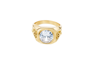 14KT Gold Ring Men's Hexagon Head with Oval White CZ Center Stone Jesus on the Cross on Band