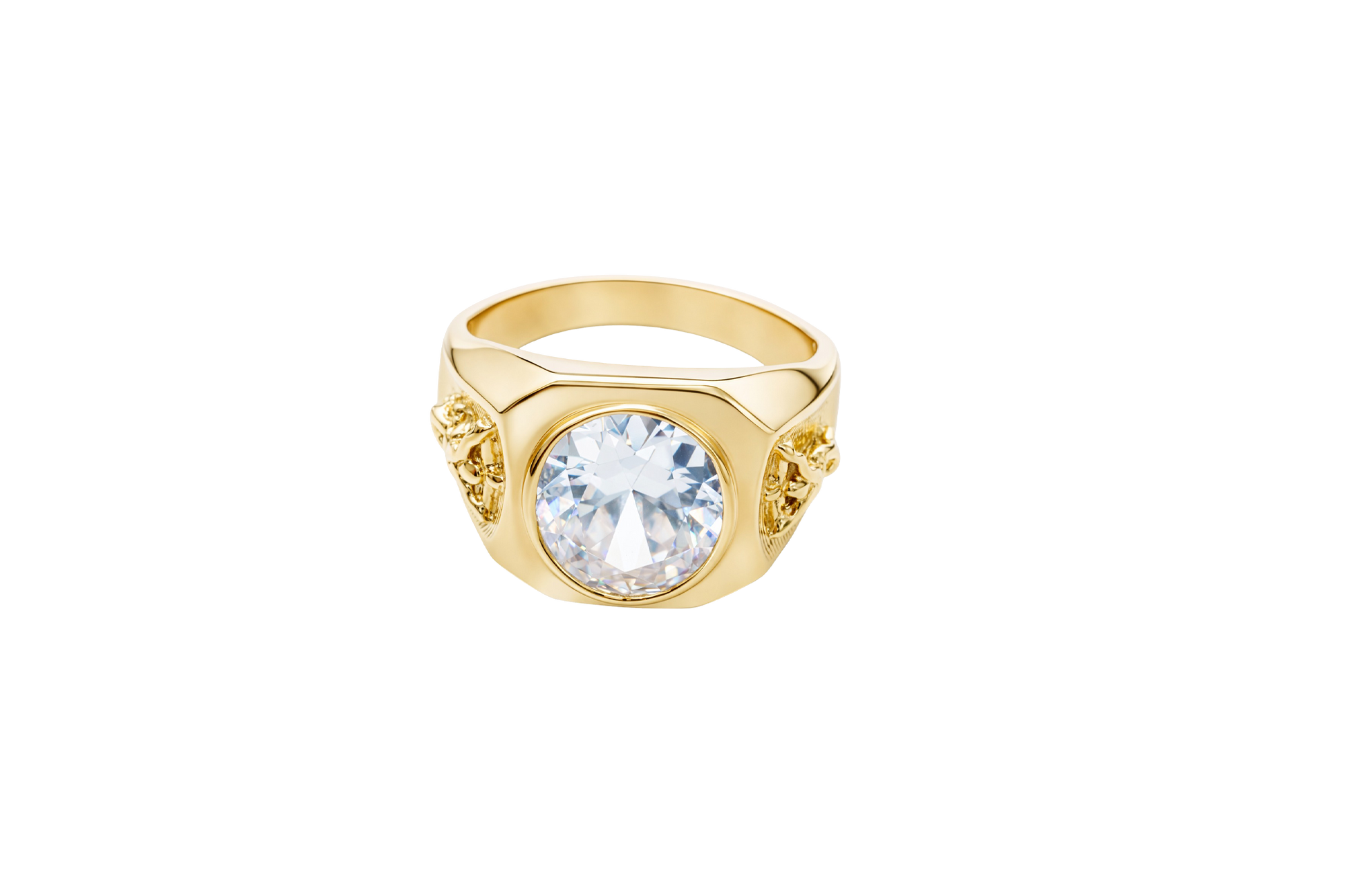 14KT Gold Ring Men's Hexagon Head with Oval White CZ Center Stone Jesus on the Cross on Band