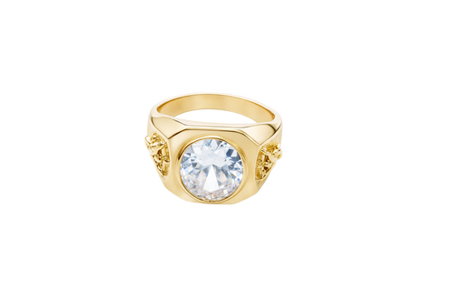 14KT Gold Ring Men's Hexagon Head with Oval White CZ Center Stone Jesus on the Cross on Band
