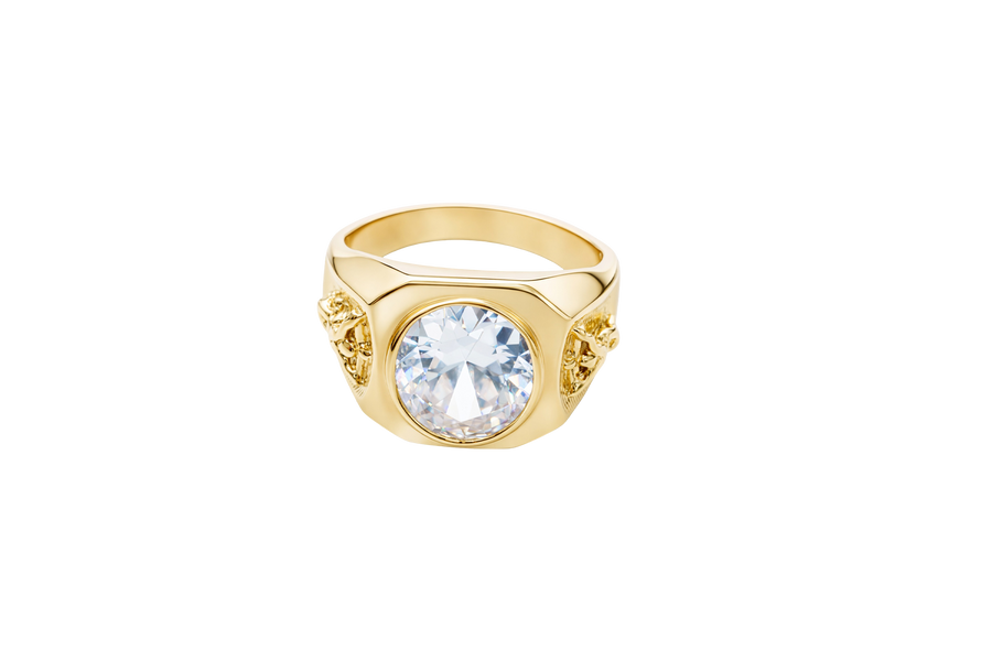 14KT Gold Ring Men's Hexagon Head with Oval White CZ Center Stone Jesus on the Cross on Band
