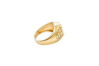 14KT Gold Ring Men's Large Oval White CZ Center Stone Plain Border Brick Style Band Design