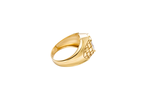 14KT Gold Ring Men's Large Oval White CZ Center Stone Plain Border Brick Style Band Design