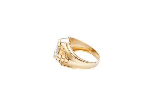 14KT Gold Ring Men's Large Oval White CZ Center Stone Plain Border Brick Style Band Design