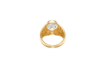 14KT Gold Ring Men's Large Oval White CZ Center Stone Plain Border Brick Style Band Design