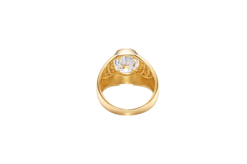 14KT Gold Ring Men's Large Oval White CZ Center Stone Plain Border Brick Style Band Design