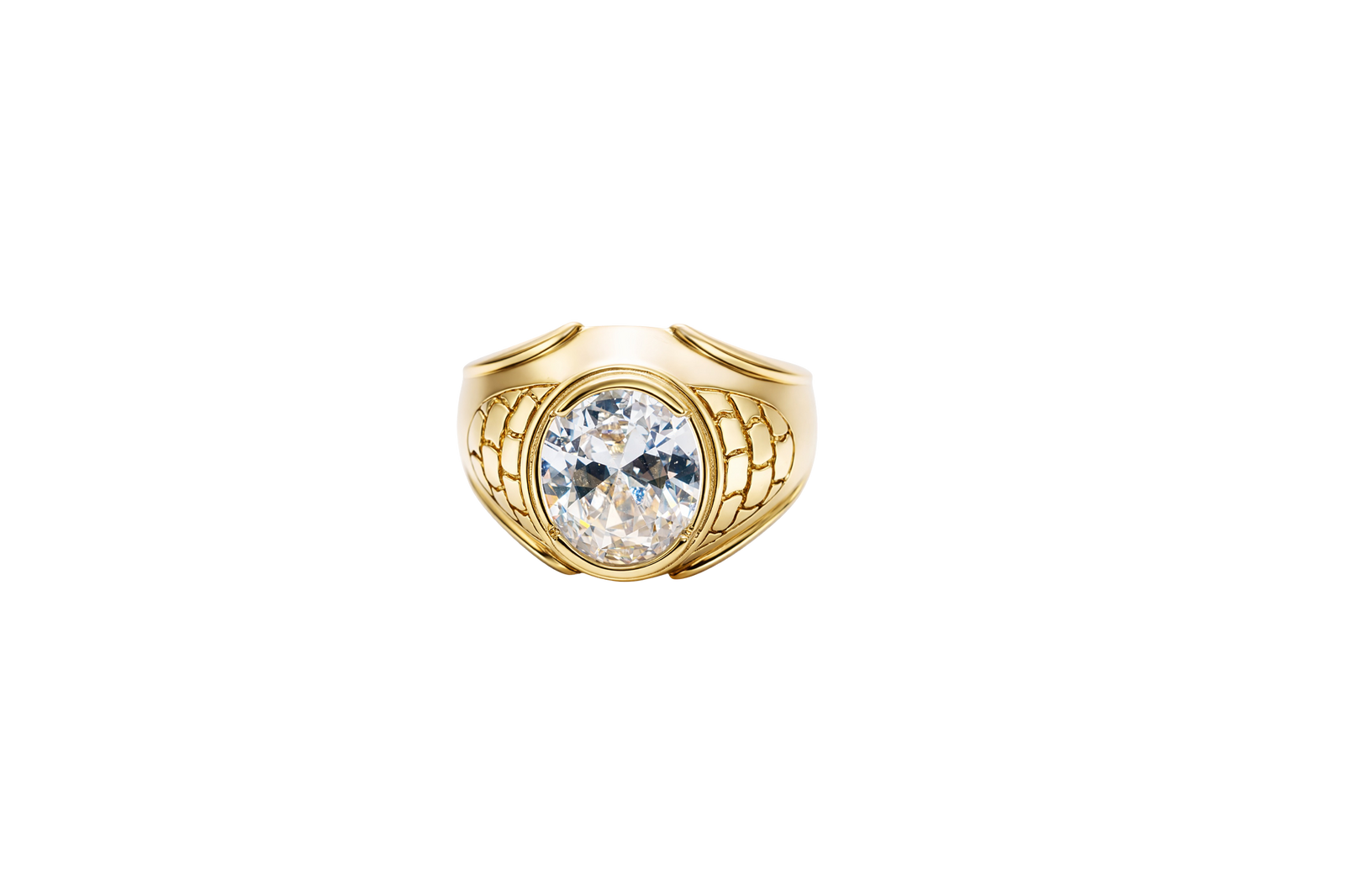 14KT Gold Ring Men's Large Oval White CZ Center Stone Plain Border Brick Style Band Design
