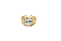 14KT Gold Ring Men's Large Oval White CZ Center Stone Plain Border Brick Style Band Design