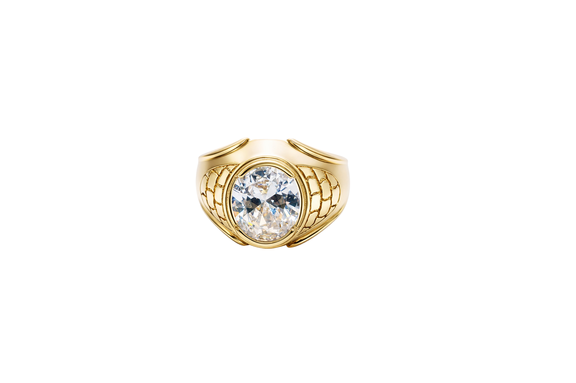 14KT Gold Ring Men's Large Oval White CZ Center Stone Plain Border Brick Style Band Design