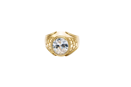 14KT Gold Ring Men's Large Oval White CZ Center Stone Plain Border Brick Style Band Design