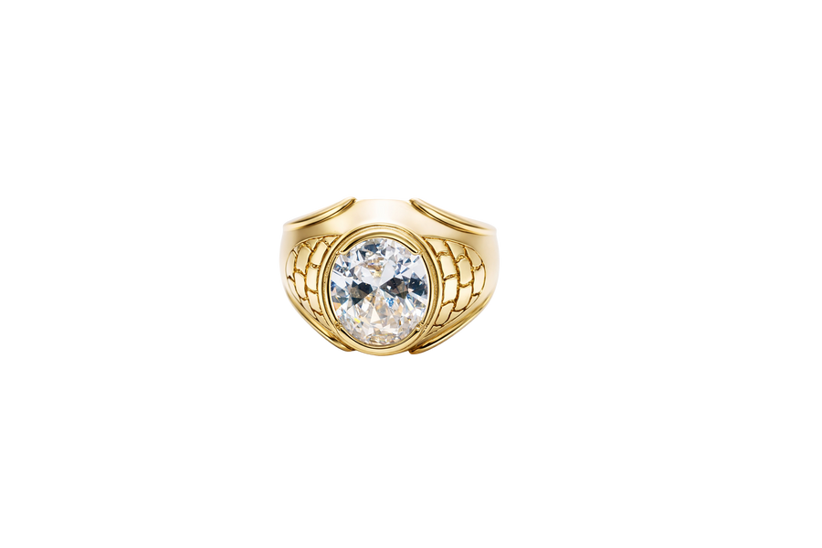 14KT Gold Ring Men's Large Oval White CZ Center Stone Plain Border Brick Style Band Design