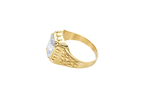 14KT Gold Ring Men's Rectangle White CZ Center Stone Plain Border and Nugget Band Design