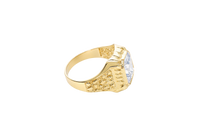 14KT Gold Ring Men's Rectangle White CZ Center Stone Plain Border and Nugget Band Design