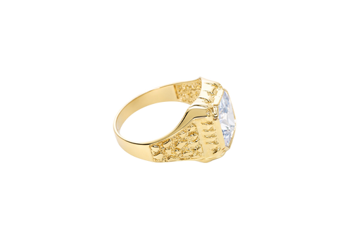 14KT Gold Ring Men's Rectangle White CZ Center Stone Plain Border and Nugget Band Design