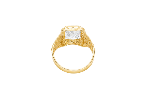 14KT Gold Ring Men's Rectangle White CZ Center Stone Plain Border and Nugget Band Design