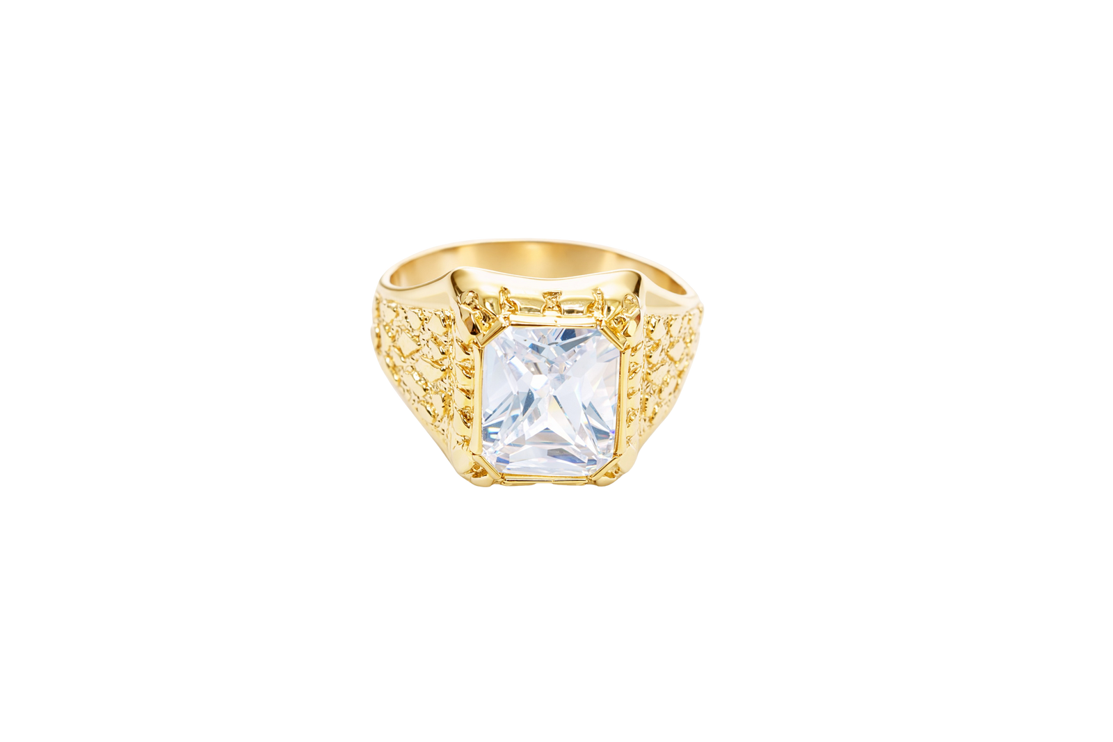 14KT Gold Ring Men's Rectangle White CZ Center Stone Plain Border and Nugget Band Design
