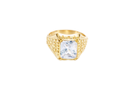 14KT Gold Ring Men's Rectangle White CZ Center Stone Plain Border and Nugget Band Design