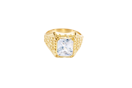 14KT Gold Ring Men's Rectangle White CZ Center Stone Plain Border and Nugget Band Design