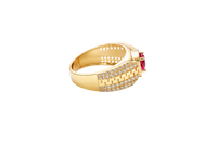 14KT Gold Ring Men's Square Red CZ Round Center Stone Plain Platform Border Side Design Double Row White CZ Stones with Zig Zag Zipper Print