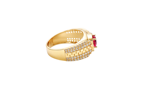 14KT Gold Ring Men's Square Red CZ Round Center Stone Plain Platform Border Side Design Double Row White CZ Stones with Zig Zag Zipper Print