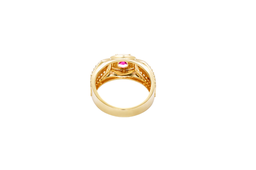 14KT Gold Ring Men's Square Red CZ Round Center Stone Plain Platform Border Side Design Double Row White CZ Stones with Zig Zag Zipper Print