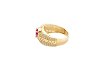 14KT Gold Ring Men's Square Red CZ Round Center Stone Plain Platform Border Side Design Double Row White CZ Stones with Zig Zag Zipper Print