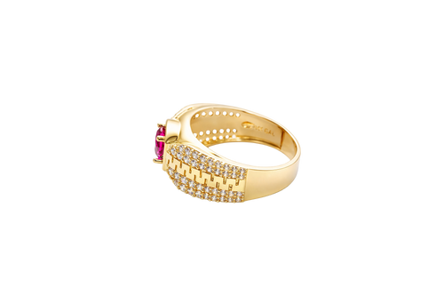 14KT Gold Ring Men's Square Red CZ Round Center Stone Plain Platform Border Side Design Double Row White CZ Stones with Zig Zag Zipper Print