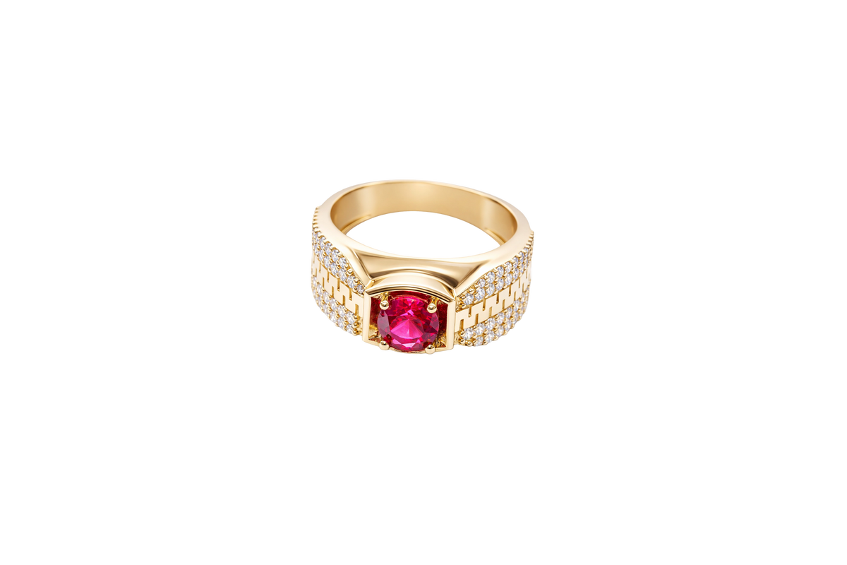 14KT Gold Ring Men's Square Red CZ Round Center Stone Plain Platform Border Side Design Double Row White CZ Stones with Zig Zag Zipper Print