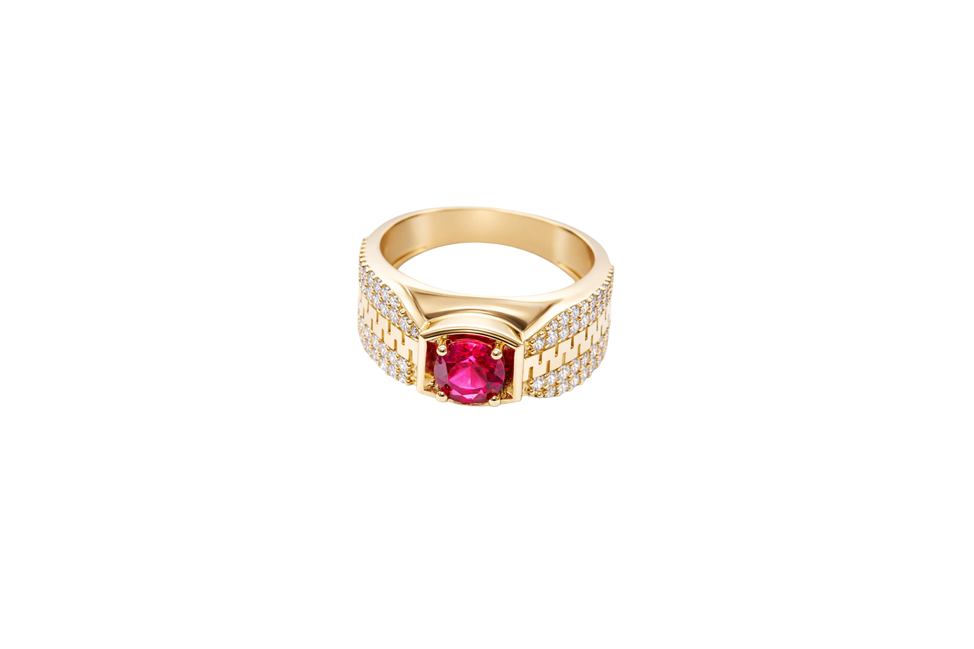14KT Gold Ring Men's Square Red CZ Round Center Stone Plain Platform Border Side Design Double Row White CZ Stones with Zig Zag Zipper Print