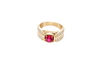 14KT Gold Ring Men's Square Red CZ Round Center Stone Plain Platform Border Side Design Double Row White CZ Stones with Zig Zag Zipper Print