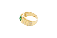 14KT Gold Ring Men's Square Green Round CZ Stone Plain Square Border Side Design Three Tiers of Single Row White CZ Stones Stairs and Triple Row of White CZ Stones Under Stairs