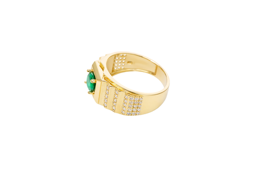 14KT Gold Ring Men's Square Green Round CZ Stone Plain Square Border Side Design Three Tiers of Single Row White CZ Stones Stairs and Triple Row of White CZ Stones Under Stairs