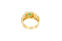 14KT Gold Ring Men's Square Green Round CZ Stone Plain Square Border Side Design Three Tiers of Single Row White CZ Stones Stairs and Triple Row of White CZ Stones Under Stairs