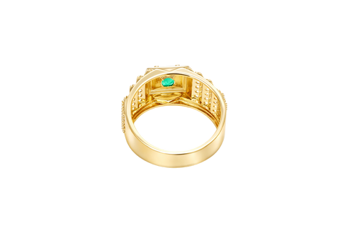 14KT Gold Ring Men's Square Green Round CZ Stone Plain Square Border Side Design Three Tiers of Single Row White CZ Stones Stairs and Triple Row of White CZ Stones Under Stairs