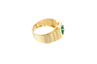 14KT Gold Ring Men's Square Green Round CZ Stone Plain Square Border Side Design Three Tiers of Single Row White CZ Stones Stairs and Triple Row of White CZ Stones Under Stairs