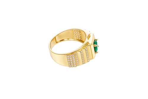 14KT Gold Ring Men's Square Green Round CZ Stone Plain Square Border Side Design Three Tiers of Single Row White CZ Stones Stairs and Triple Row of White CZ Stones Under Stairs