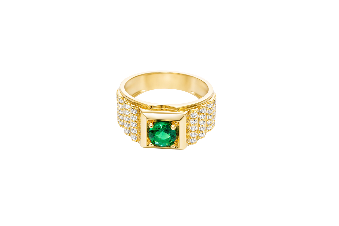 14KT Gold Ring Men's Square Green Round CZ Stone Plain Square Border Side Design Three Tiers of Single Row White CZ Stones Stairs and Triple Row of White CZ Stones Under Stairs