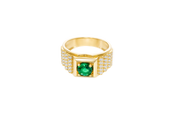 14KT Gold Ring Men's Square Green Round CZ Stone Plain Square Border Side Design Three Tiers of Single Row White CZ Stones Stairs and Triple Row of White CZ Stones Under Stairs