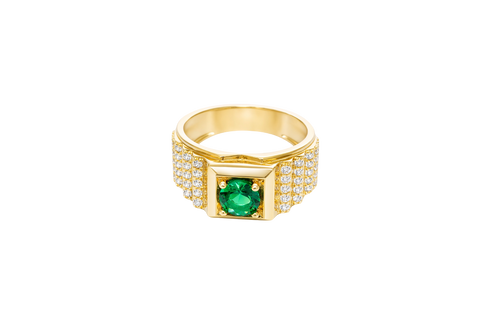 14KT Gold Ring Men's Square Green Round CZ Stone Plain Square Border Side Design Three Tiers of Single Row White CZ Stones Stairs and Triple Row of White CZ Stones Under Stairs