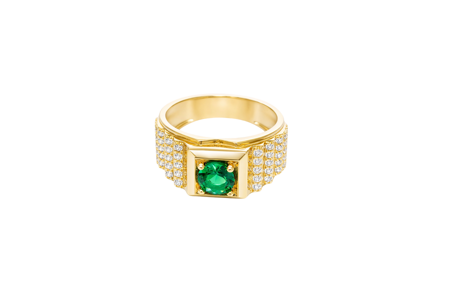 14KT Gold Ring Men's Square Green Round CZ Stone Plain Square Border Side Design Three Tiers of Single Row White CZ Stones Stairs and Triple Row of White CZ Stones Under Stairs