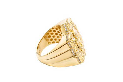 14KT Gold Ring Men's St Barbara Star of David with White CZ Stones Chino Link Border and Plain Band