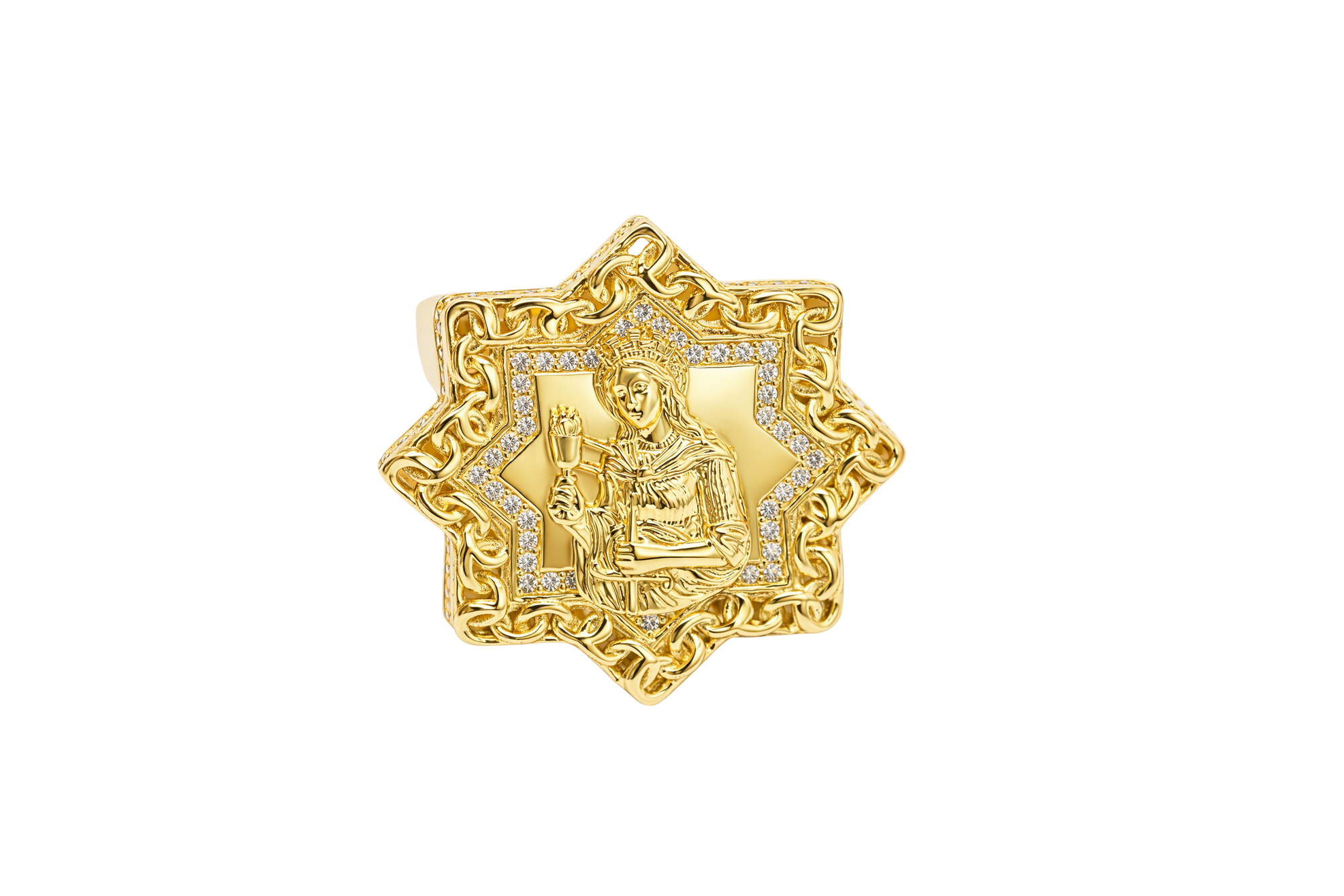 14KT Gold Ring Men's St Barbara Star of David with White CZ Stones Chino Link Border and Plain Band