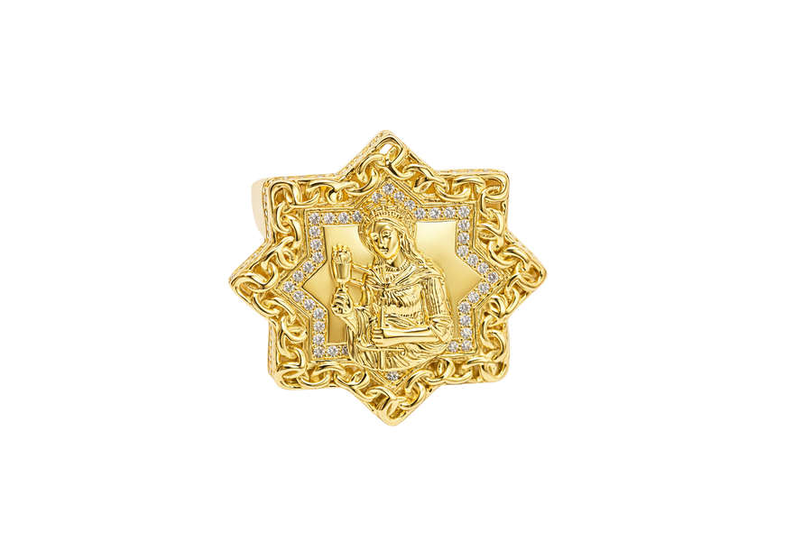 14KT Gold Ring Men's St Barbara Star of David with White CZ Stones Chino Link Border and Plain Band