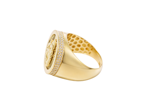 14KT Gold Ring Men's Round St. Clare Plain Border Double Row White CZ Stones Side Border Plain Band