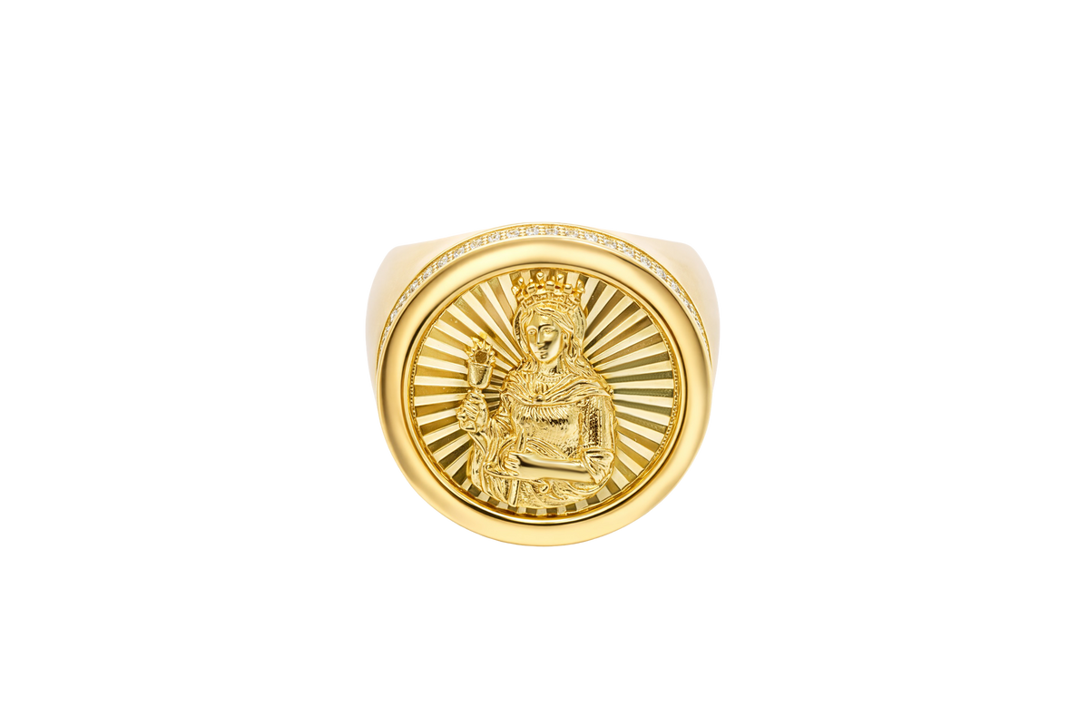 14KT Gold Ring Men's Round St. Clare Plain Border Double Row White CZ Stones Side Border Plain Band
