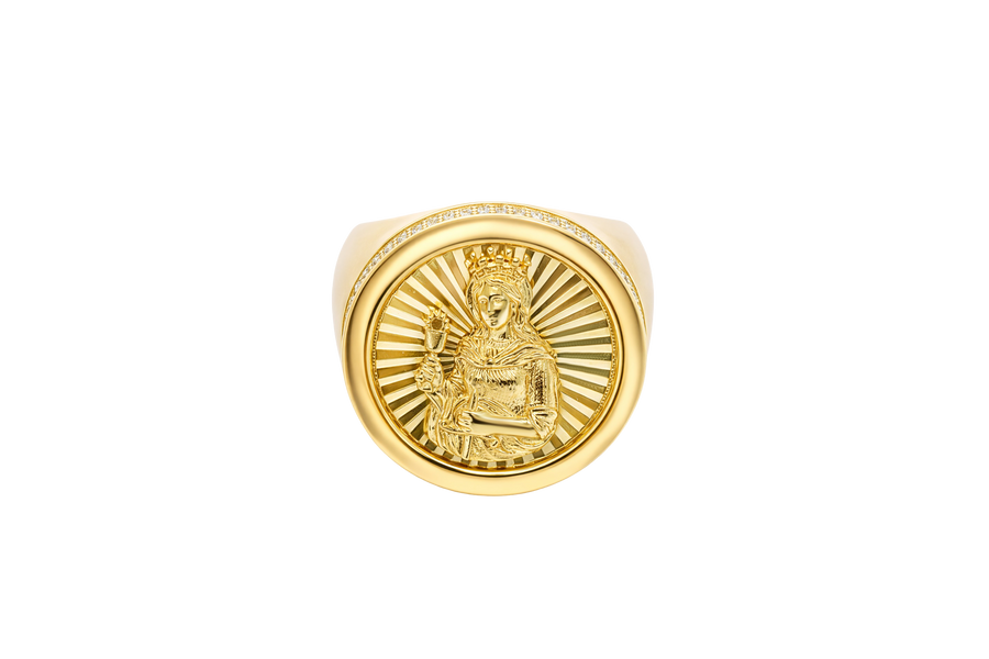14KT Gold Ring Men's Round St. Clare Plain Border Double Row White CZ Stones Side Border Plain Band